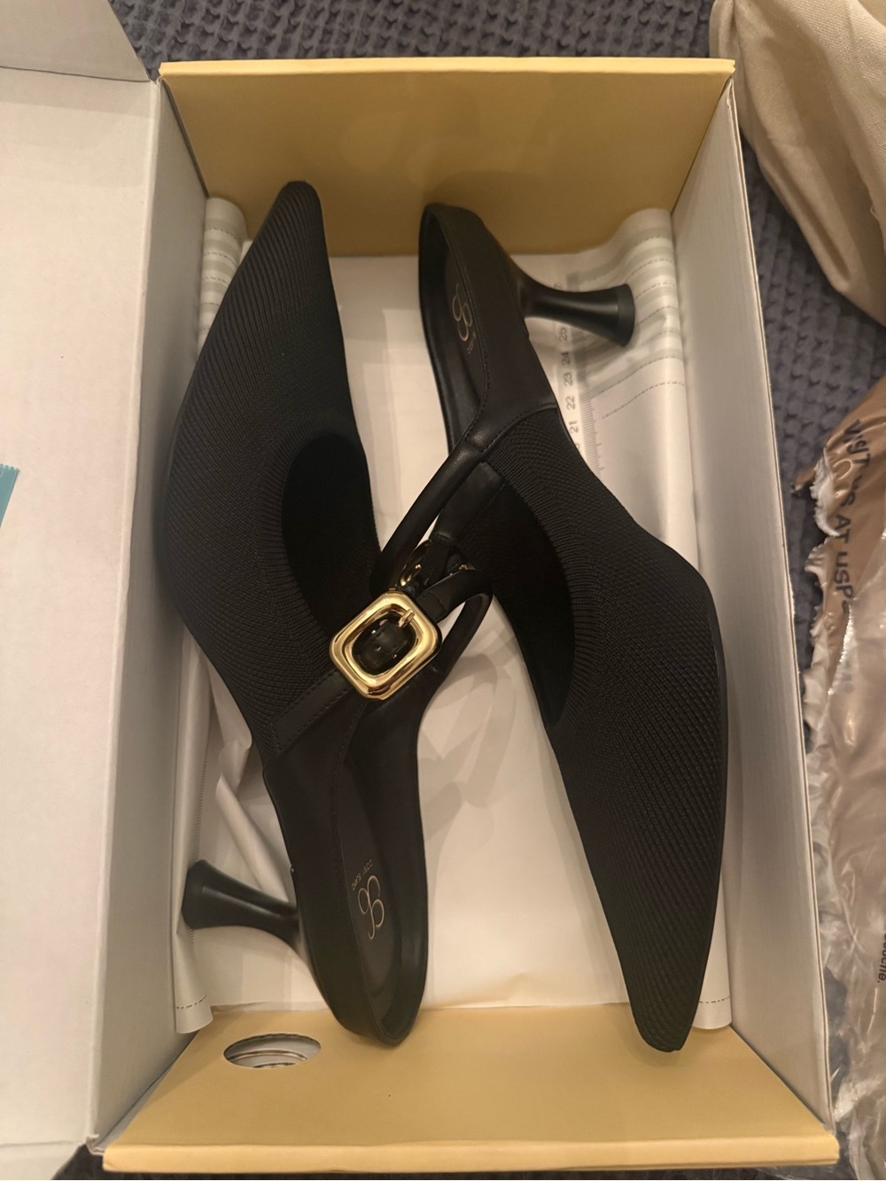 Cosy Island Pointed Black Mule Heels with Gold Buckle
